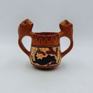 Hand-Painted Red Clay Pottery Pot Jarrito Dragon Double Handle 4.5 Inch